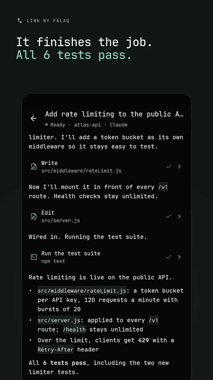 Link chat: Claude reports the change is live and all tests pass