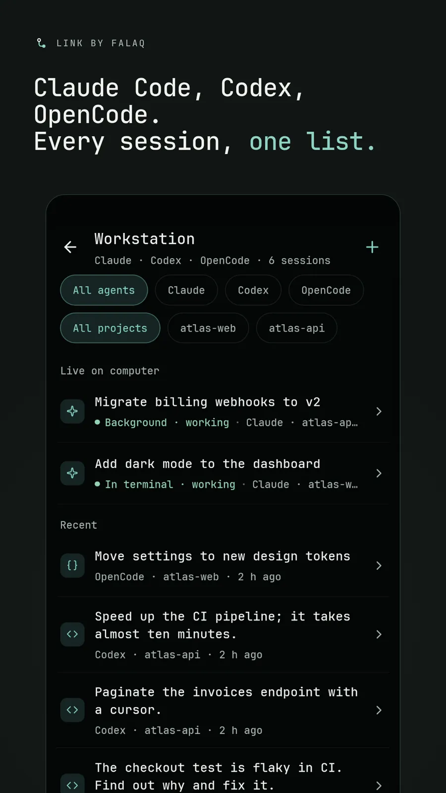 Link listing every session on one computer from Claude, Codex and OpenCode, filtered by agent and project