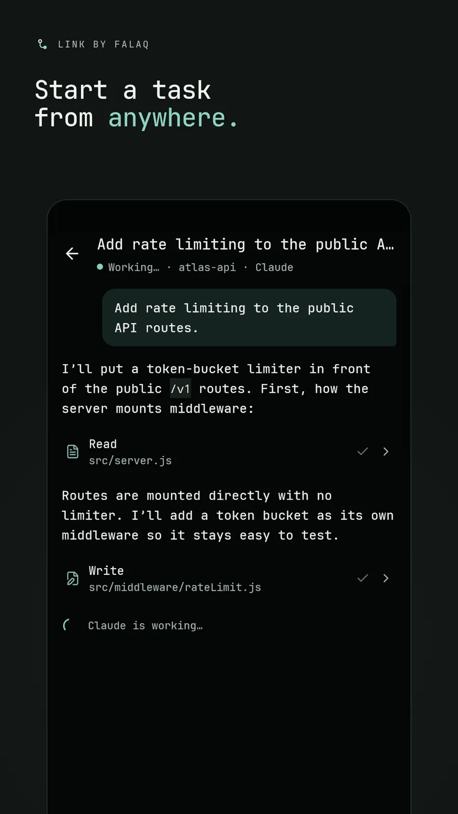 Link chat: Claude starting a task the user sent from the phone