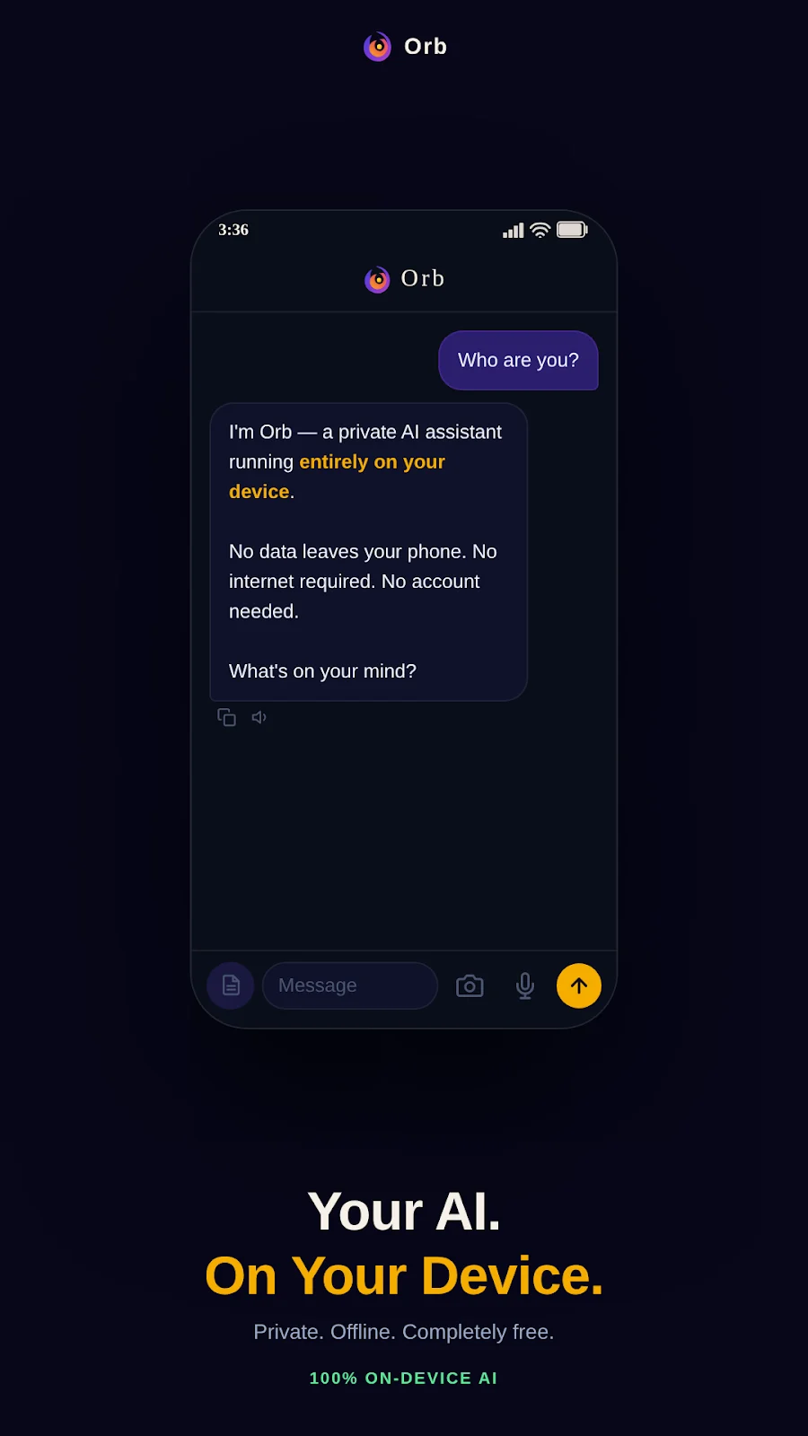 Orb's chat screen showing an on-device model