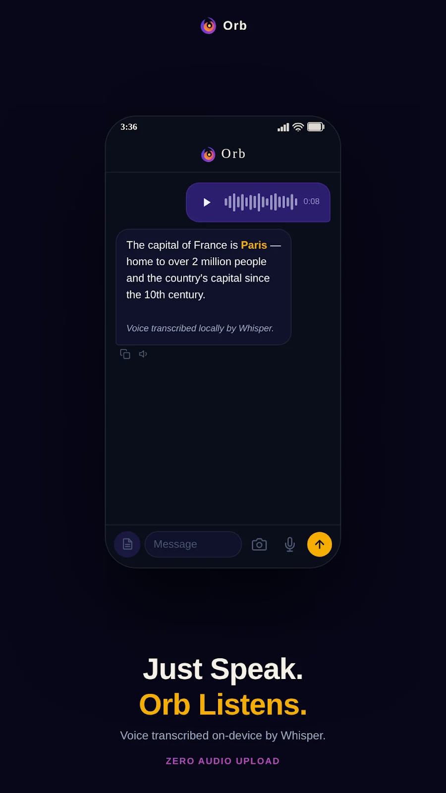 Orb transcribing a spoken question on the device